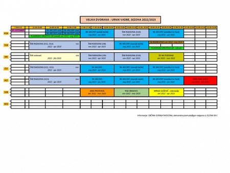 Velika dvorana - Urnik vadbe